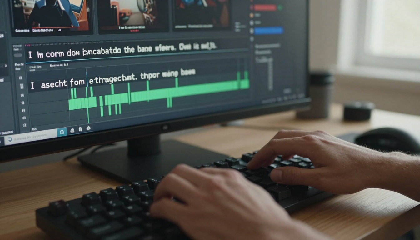 Video editor's hands over keyboard with text-based video edit command visible on screen