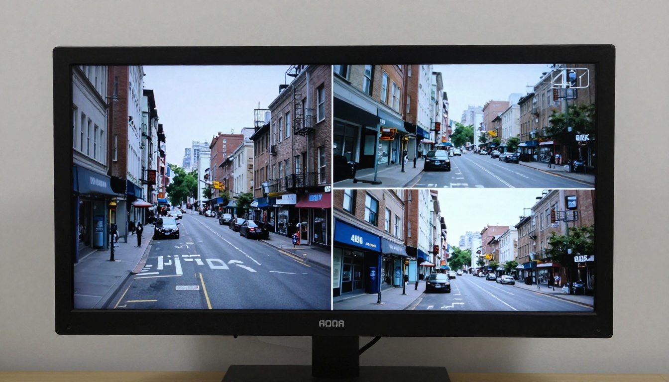 Broadcast monitor showing side-by-side comparison of 480p archival footage versus 4K AI-upscaled version