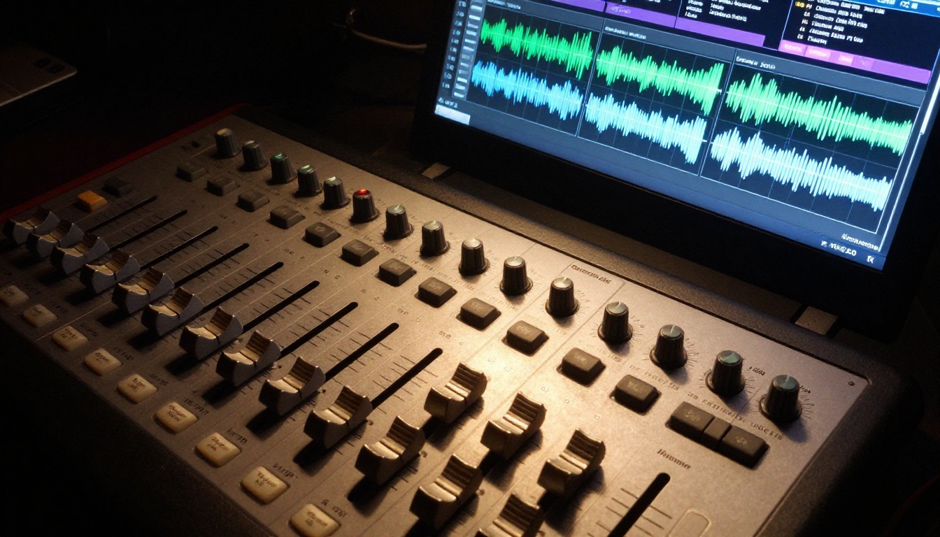 Professional audio mixing console with laptop showing waveform visualizations and AI sound category labels