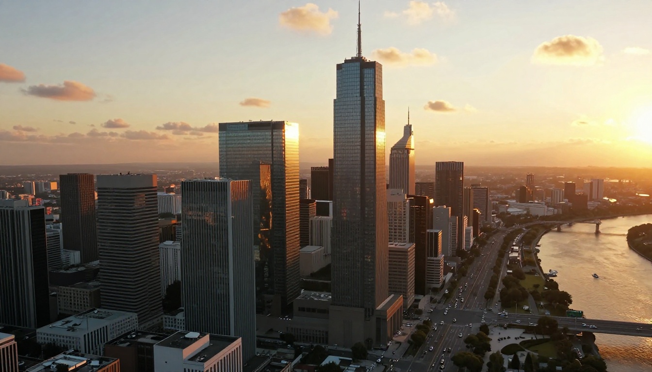 Cinematic golden-hour aerial wide shot of a modern city skyline with warm light raking across glass skyscrapers