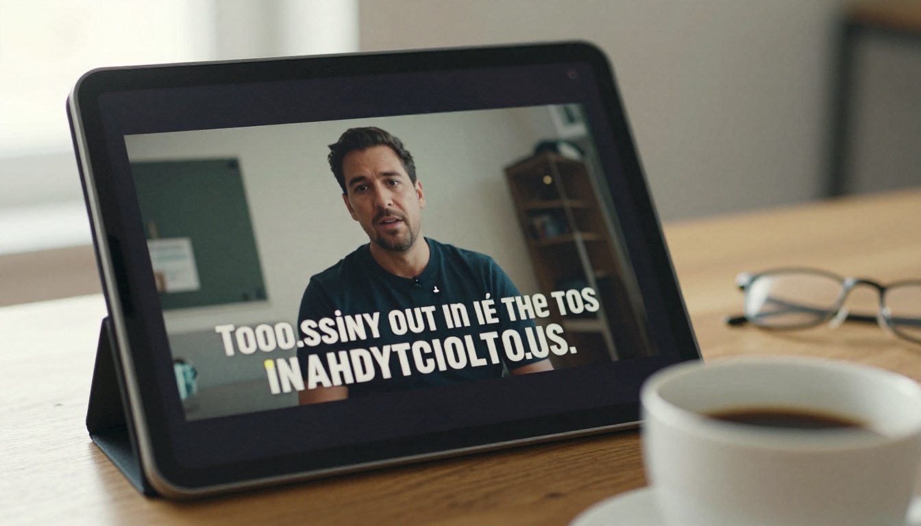Tablet screen showing auto-generated captions on a video playback with coffee cup beside it