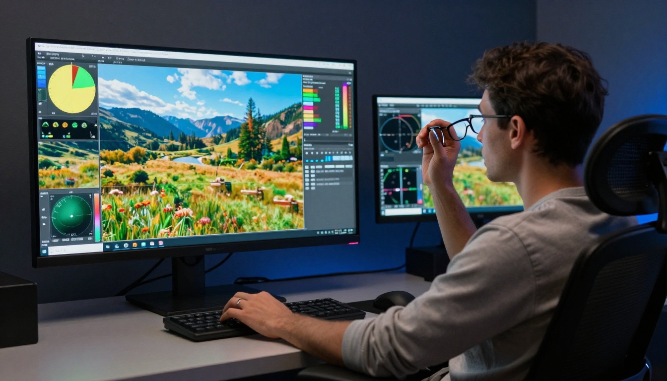 Professional video editor in color grading suite studying richly graded footage on a large reference monitor