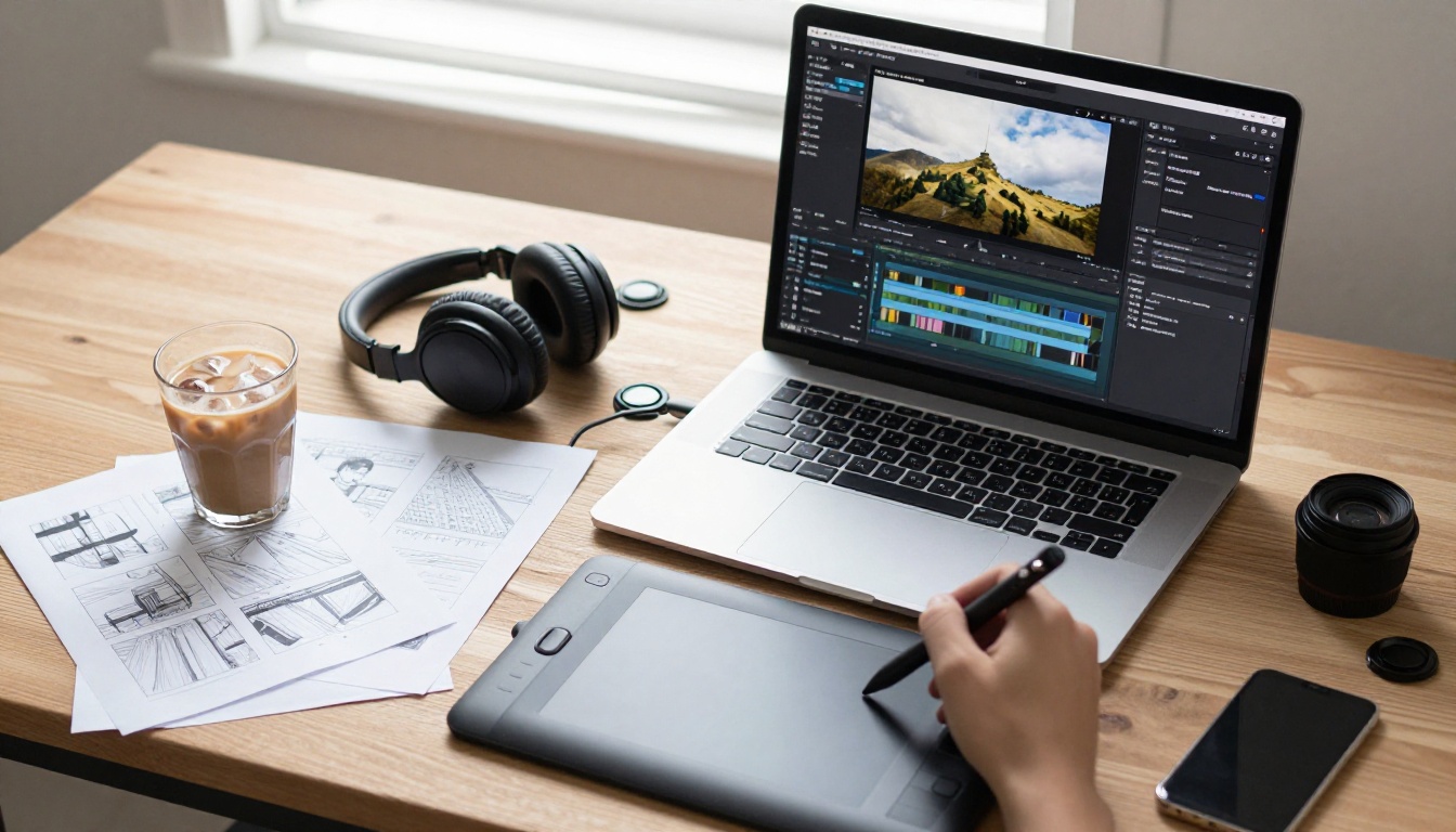 Overhead flat-lay of a creative editing desk with laptop, drawing tablet, storyboard sheets, and headphones