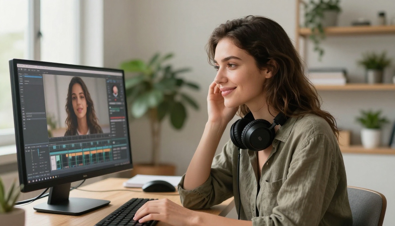 Young female video editor smiling at completed project on a 32-inch studio monitor with afternoon light warming her face