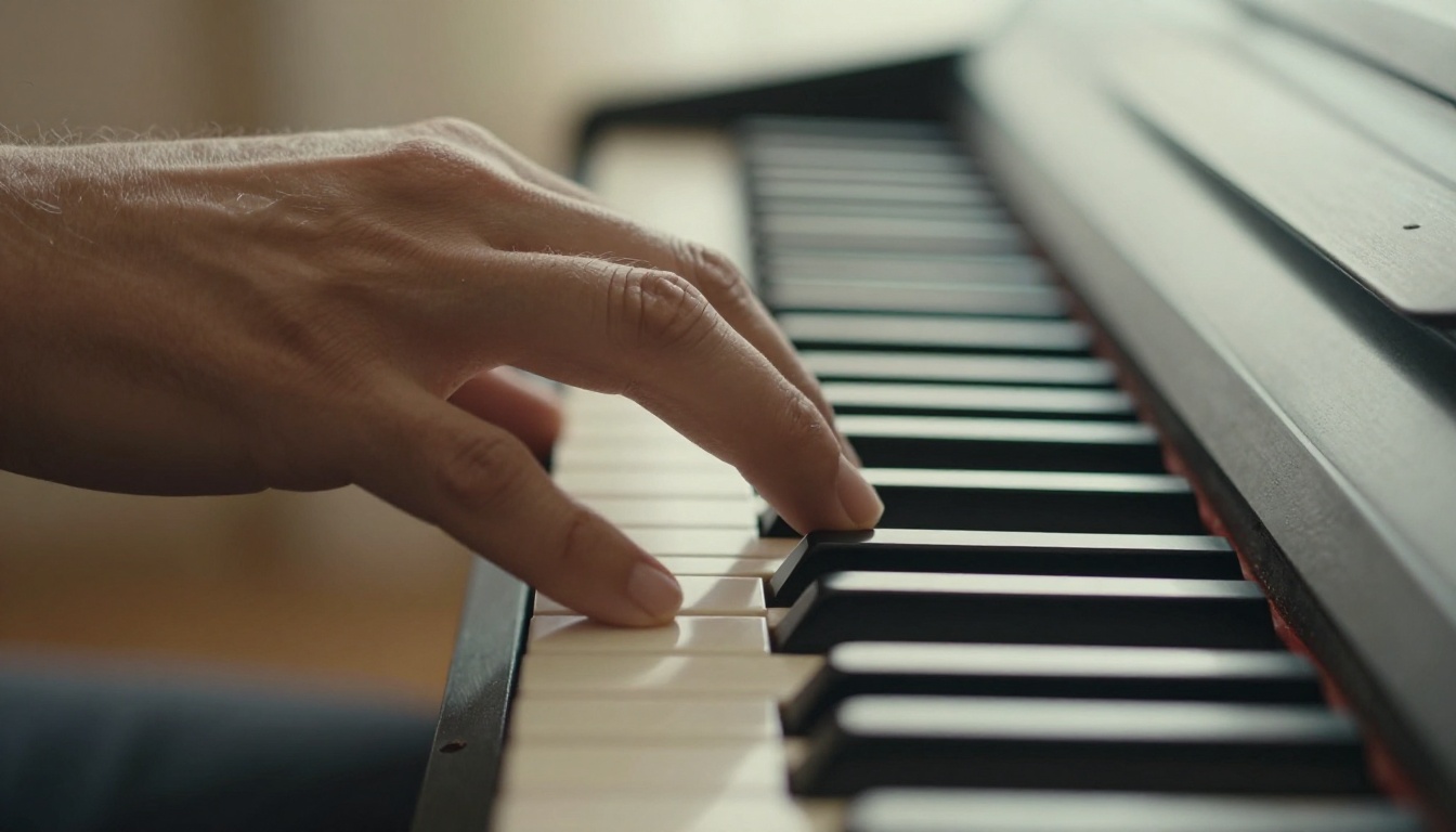 Close-up macro of a musician's hand pressing piano keys with motion blur and diffused morning light