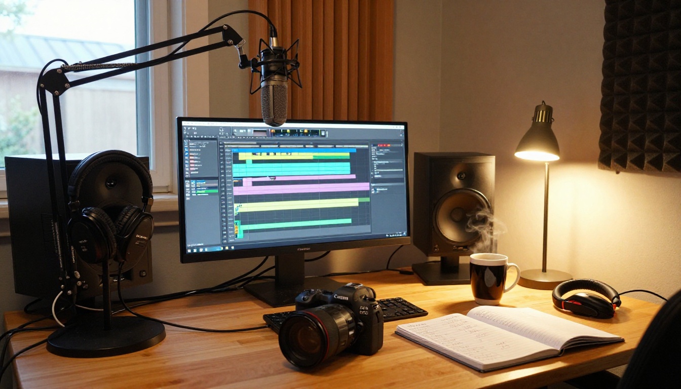 A home recording studio workstation with audio interface, condenser microphone, dual screens showing DAW timeline