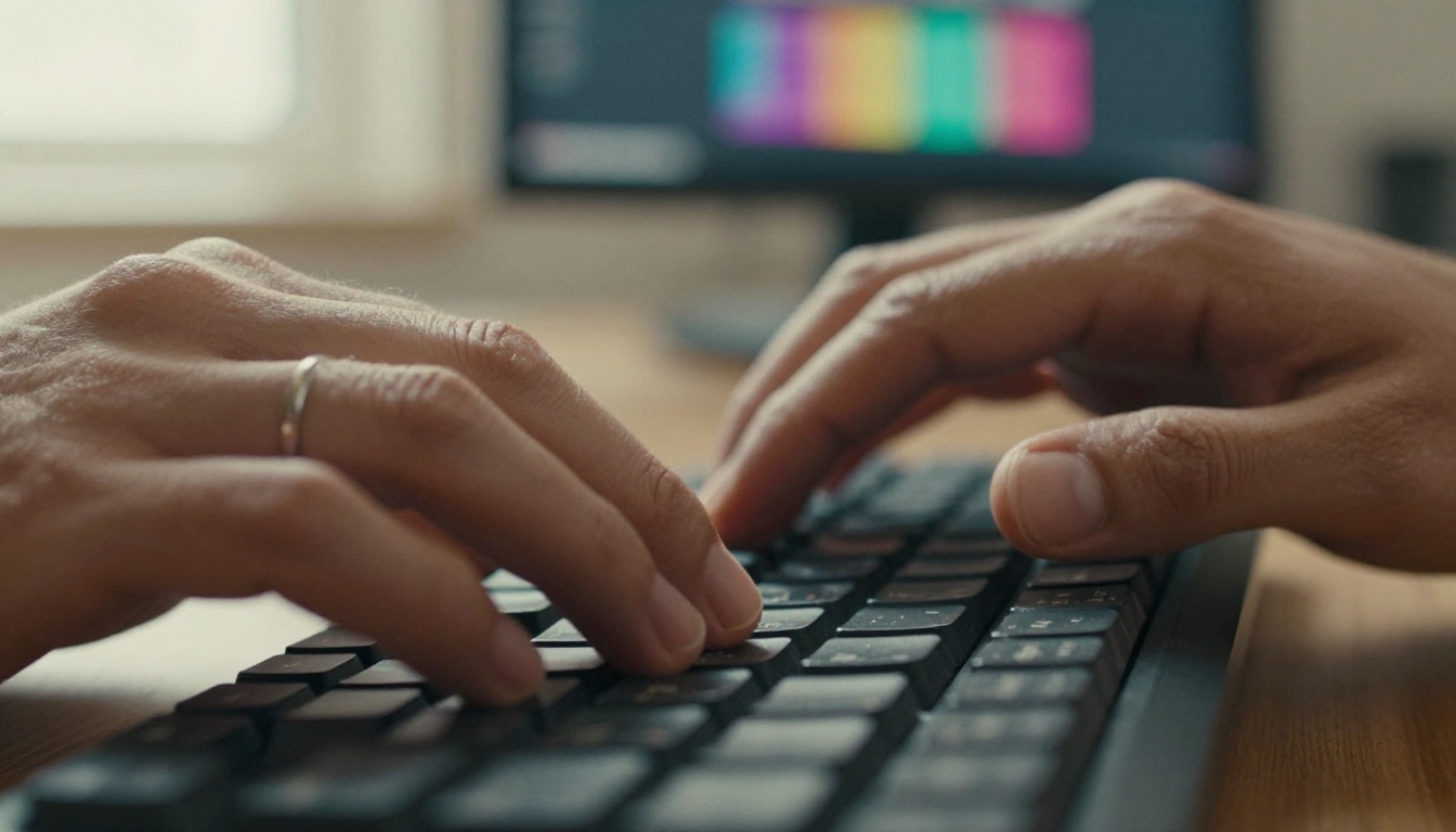 Close-up of hands typing prompt on mechanical keyboard with AI image visible on screen