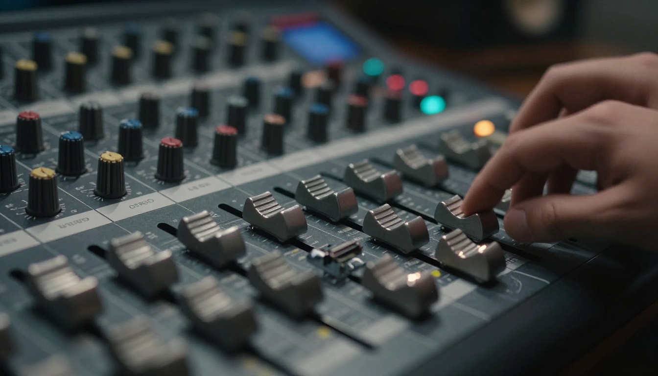 Extreme close-up low-angle shot of analog mixing console faders with engineer fingers blurred in motion Extreme close-up low-angle shot of analog mixing console faders with engineer fingers blurred in motion