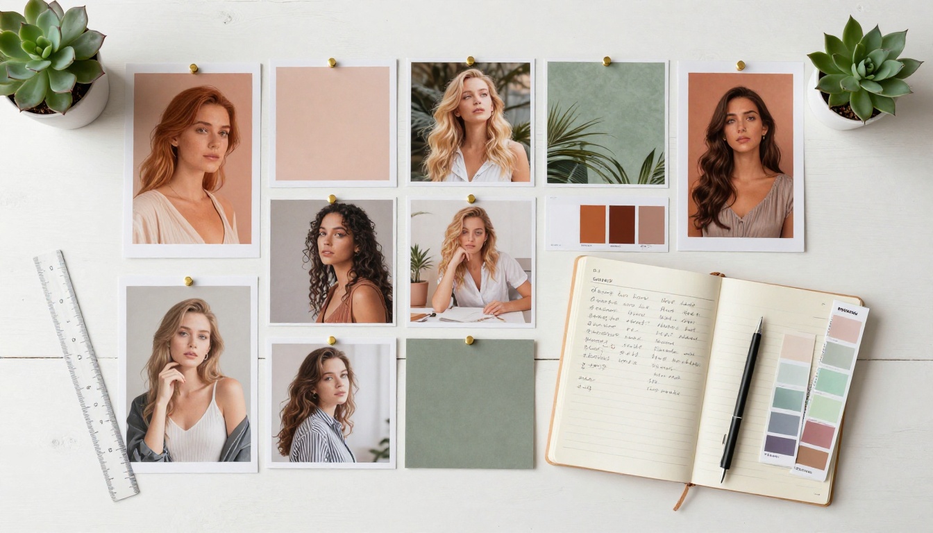 Mood board flatlay with printed AI images, color swatches, and design tools on oak table