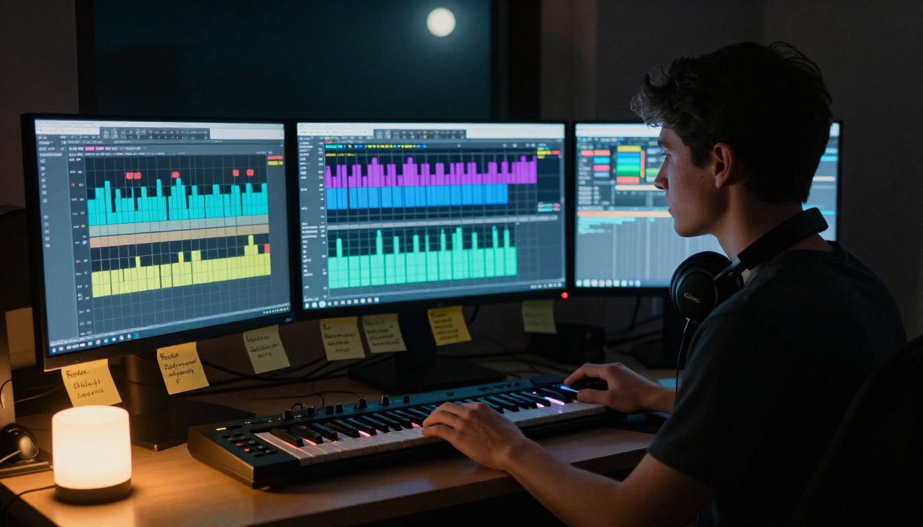 A music producer working late at night with blue moonlight and multiple screens showing MIDI piano roll patterns