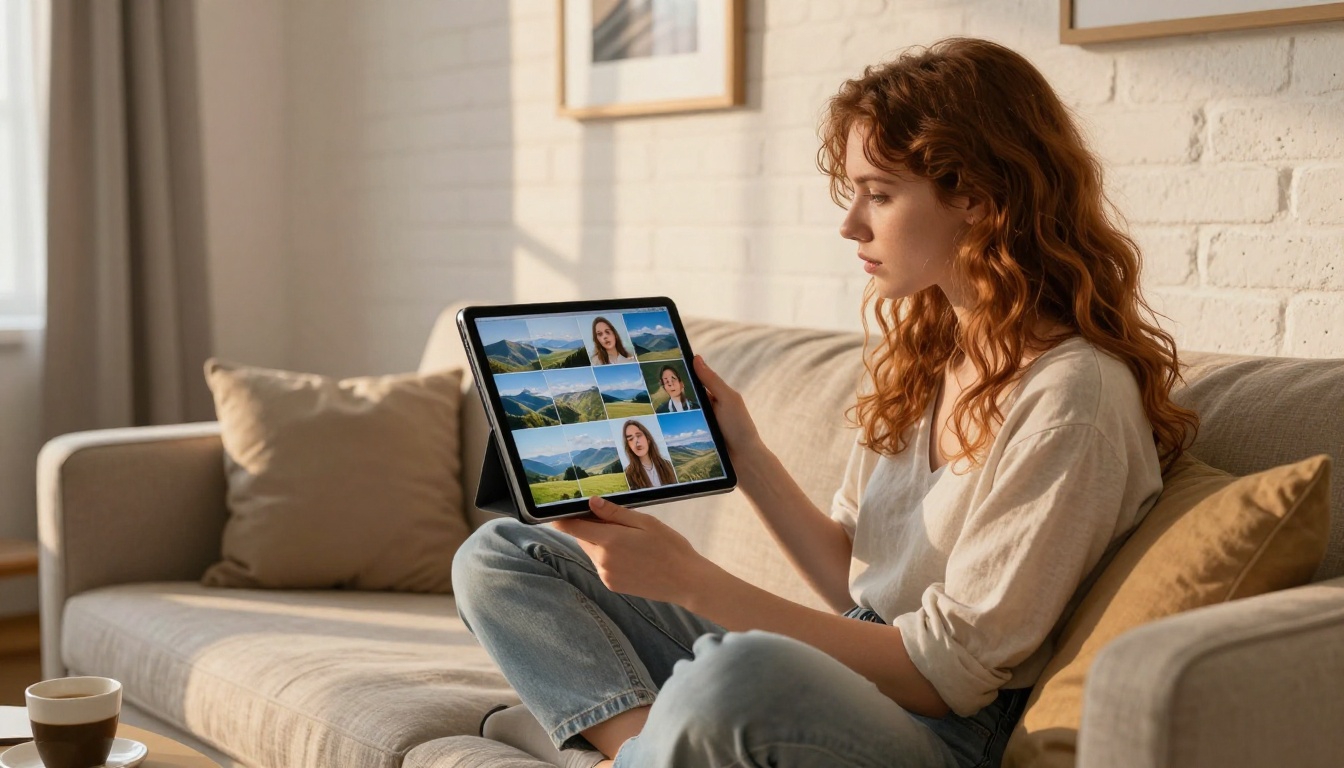 Designer reviewing AI-generated images on iPad in a modern studio space