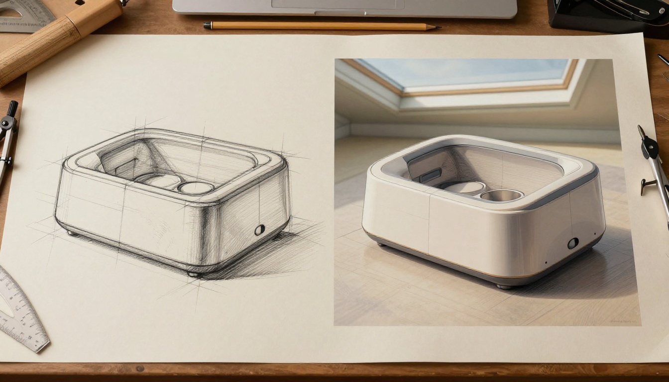 Hand-drawn sketch alongside printed AI-generated version on architect's drafting table