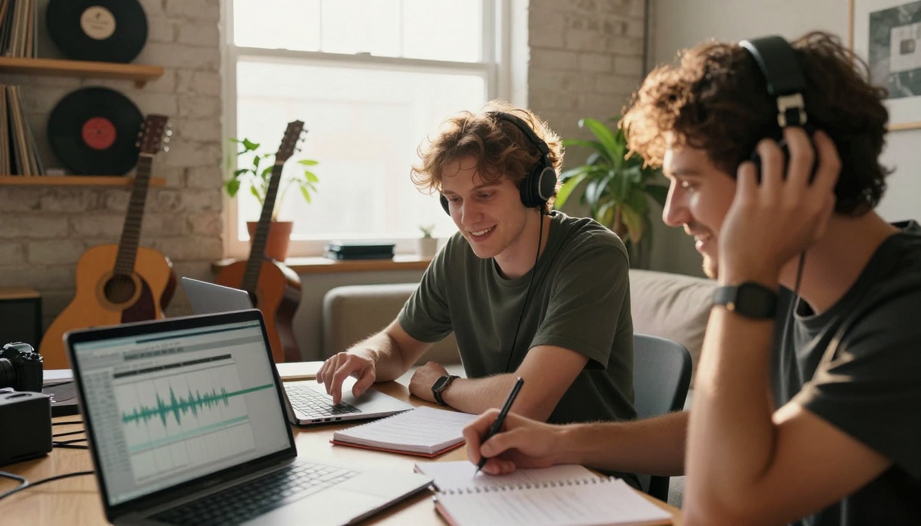 Three musicians collaborating around a laptop in a bright daylit studio with natural window light from behind