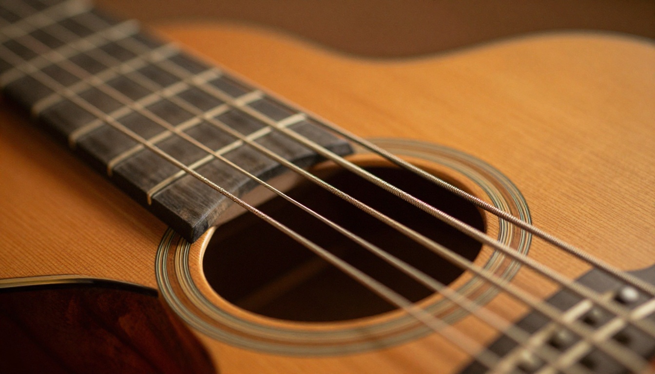 Macro photography of acoustic guitar strings mid-vibration with detailed rosewood fretboard grain and soft bokeh Macro photography of acoustic guitar strings mid-vibration with detailed rosewood fretboard grain and soft bokeh