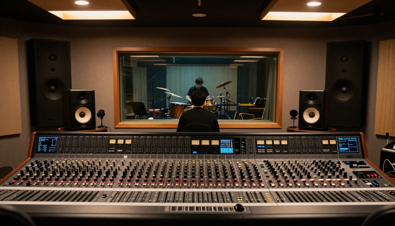 Wide-angle shot of a professional recording studio control room with SSL mixing console and live room visible through glass