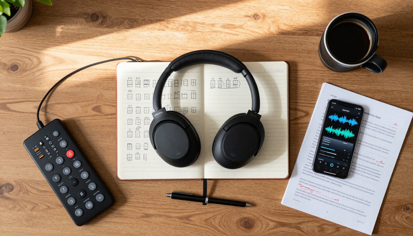 Overhead aerial flat-lay of a musician's creative desk with headphones, notebook, MIDI keyboard, and coffee Overhead aerial flat-lay of a musician's creative desk with headphones, notebook, MIDI keyboard, and coffee