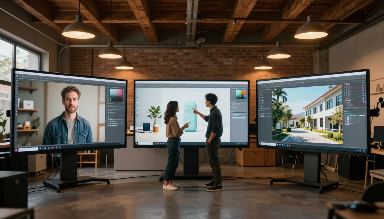 Three monitors in creative studio showing different AI outputs with designers collaborating