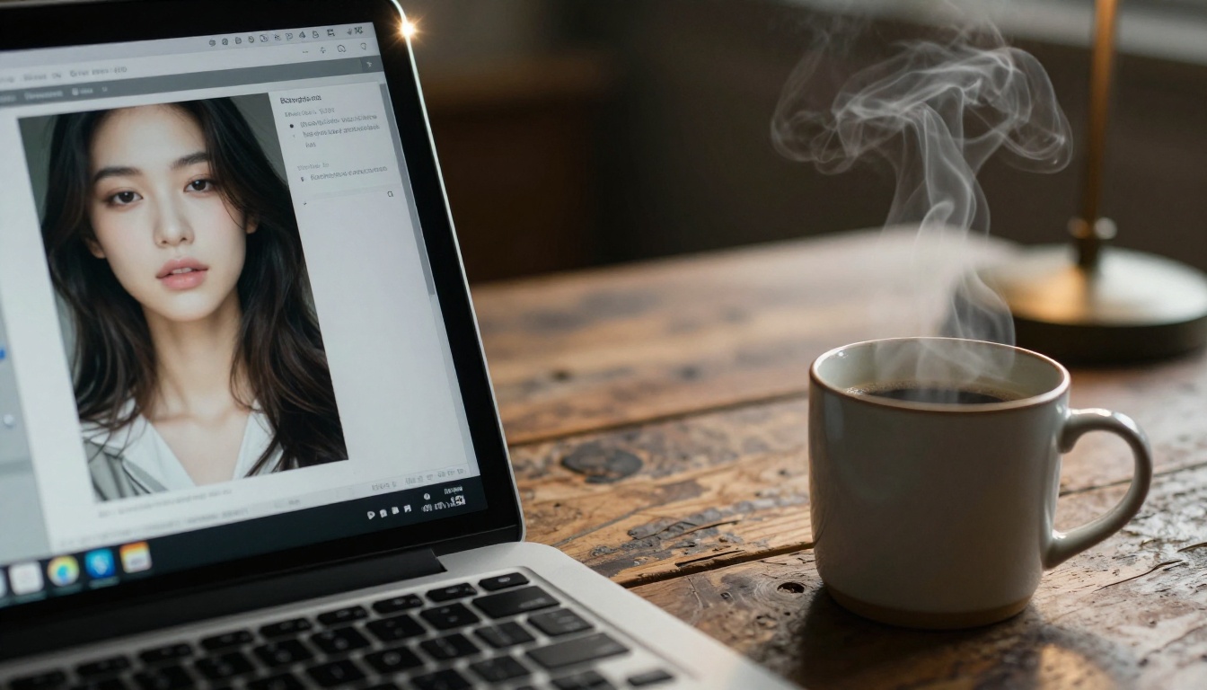Laptop screen showing AI image generation interface with coffee mug on wooden desk