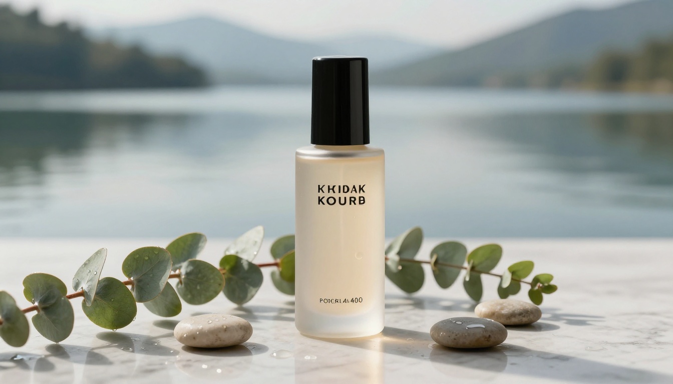 Product bottle on marble surface with eucalyptus sprigs against AI-generated mountain background