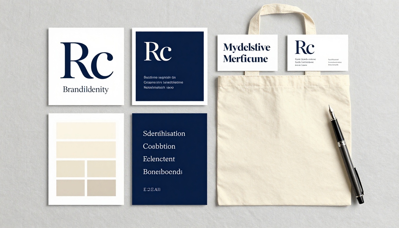Brand identity board with logo variations, color swatches, and type specimens on linen surface