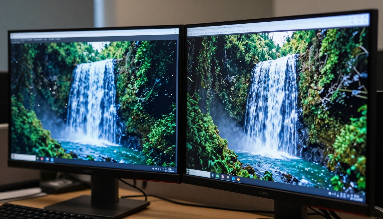 Two monitors side by side showing contrasting AI video quality, left pixelated and compressed, right crystal-clear 1080p waterfall scene