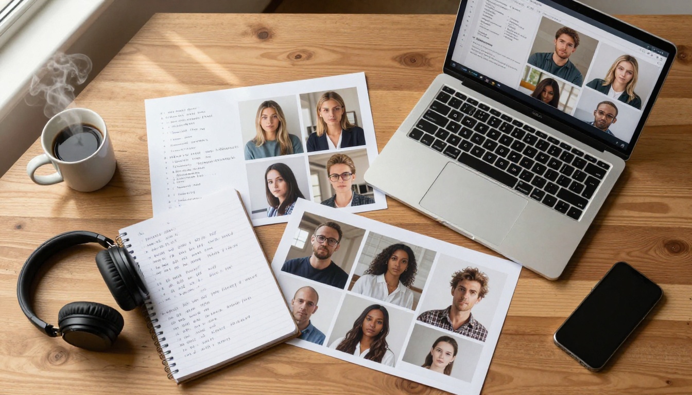 Top-down flat lay desk shot with laptop showing video model comparison interface, printed video screenshots, notebook with handwritten notes, coffee, headphones on warm wood grain surface
