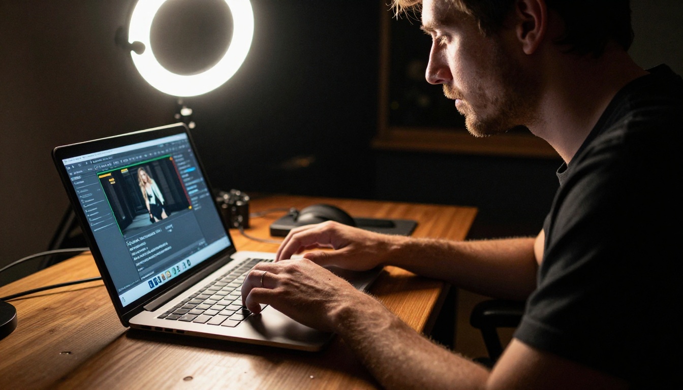 Male content creator in dark studio typing prompt into AI video interface on laptop, face illuminated by warm screen glow, ring light rim separation, studio cables visible in background bokeh
