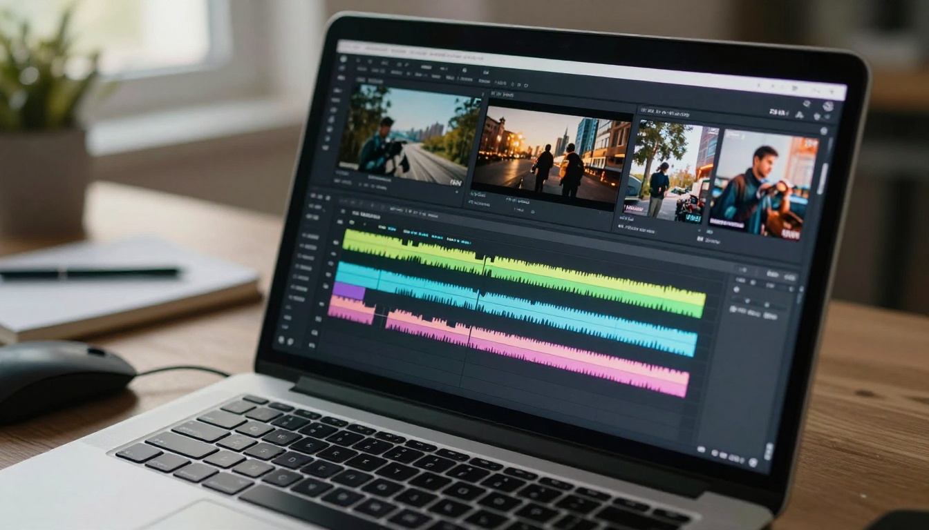Laptop screen close-up showing non-linear video editing timeline with multiple colorful tracks and AI-generated video thumbnails, afternoon light from behind-left, 85mm macro lens on aluminum surface