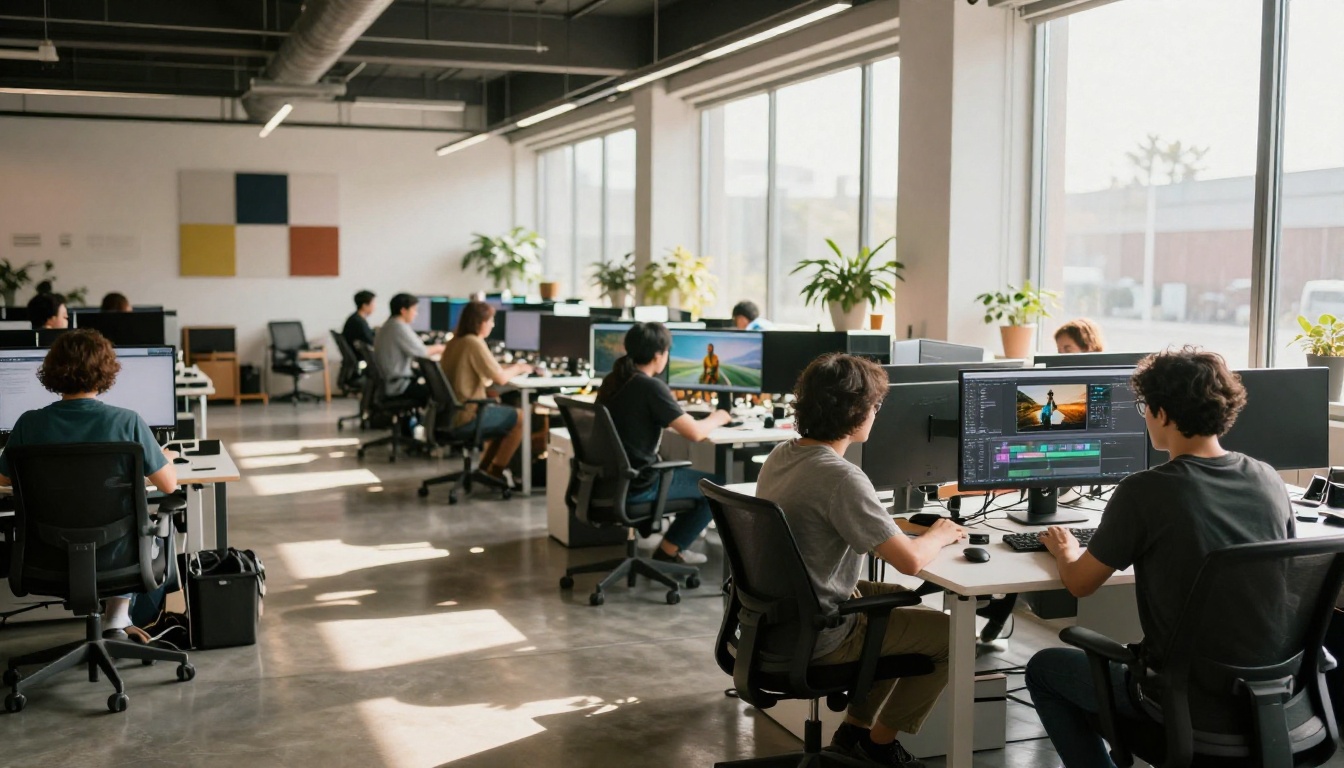 Wide establishing shot of modern open-plan creative agency office with multiple editors at workstations, large window wall flooding space with warm afternoon light, polished concrete floors, industrial exposed ceiling with track lighting
