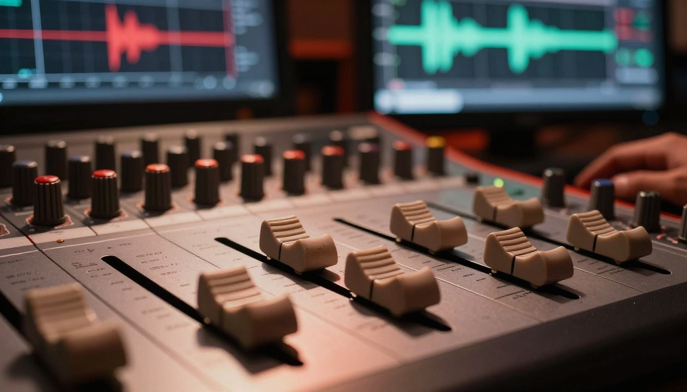 Professional sound mixing board with worn fader caps under warm reddish-amber raking light, AI video interface with waveform visualization on monitor behind in soft bokeh, 100mm macro lens, extraordinary surface detail
