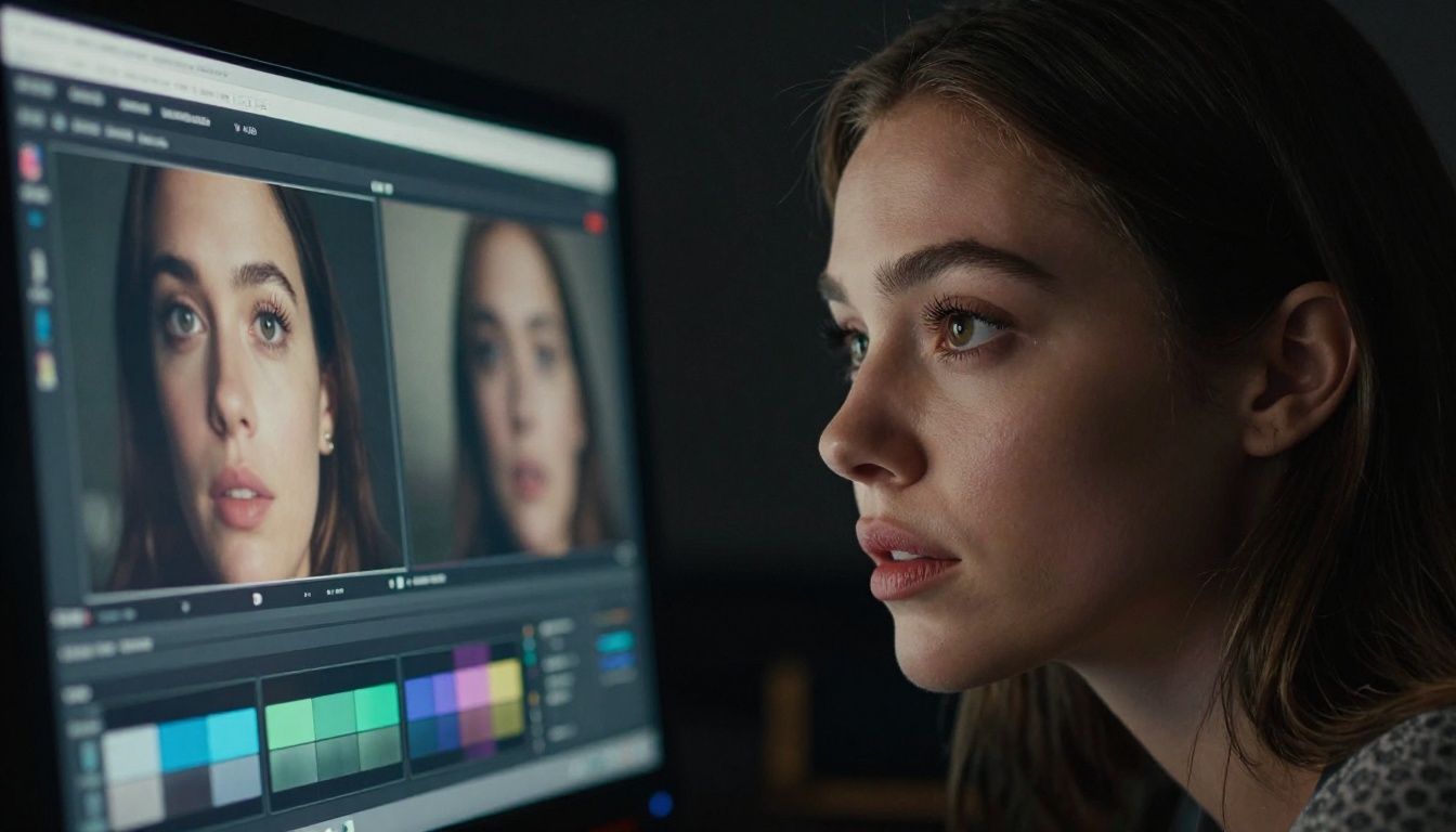Woman in her late twenties reviewing video frames on professional color-graded monitor in dark grading suite, face softly lit by screen glow, dark room with reference color chips beside monitor, 85mm portrait lens