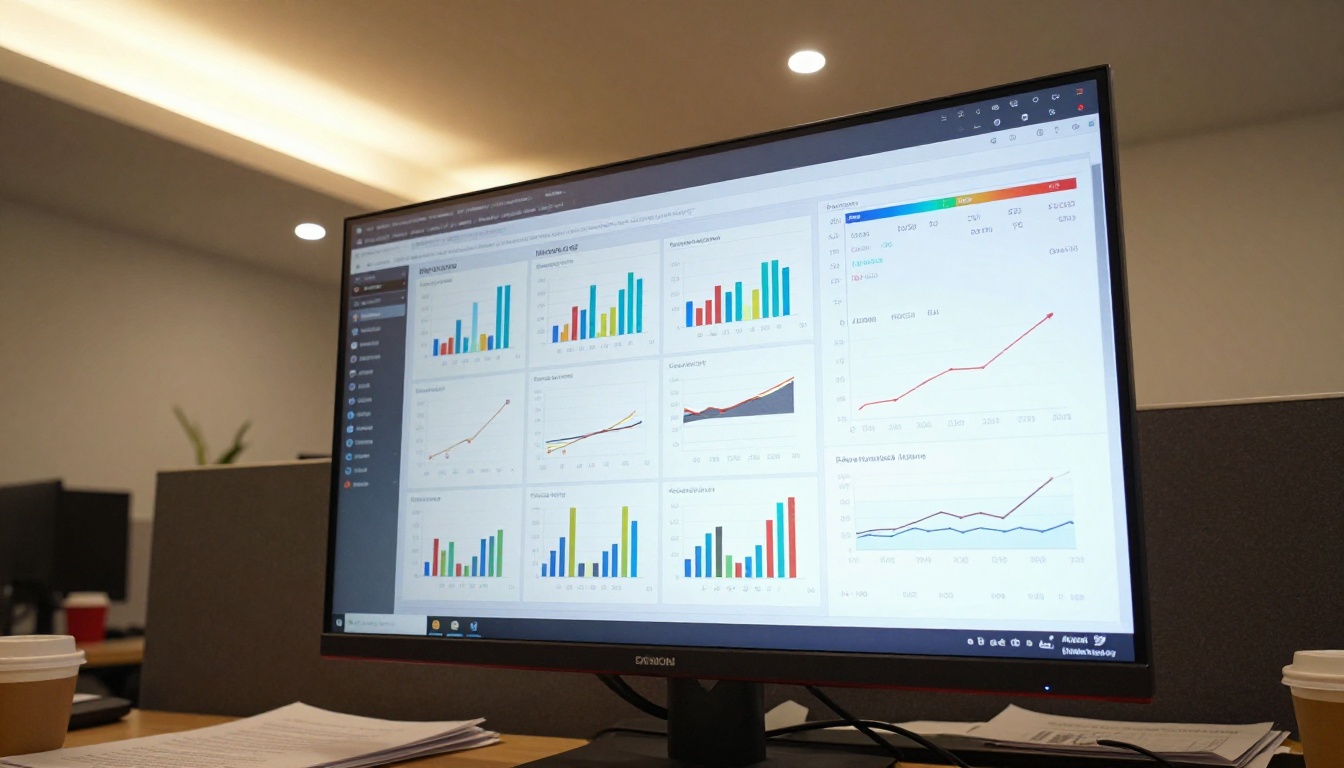 Low-angle view looking up at large wall-mounted monitor displaying AI video model benchmark comparison grid in modern office, recessed ceiling lighting, standing desk edge in foreground with scattered papers and coffee cup, 24mm wide-angle lens