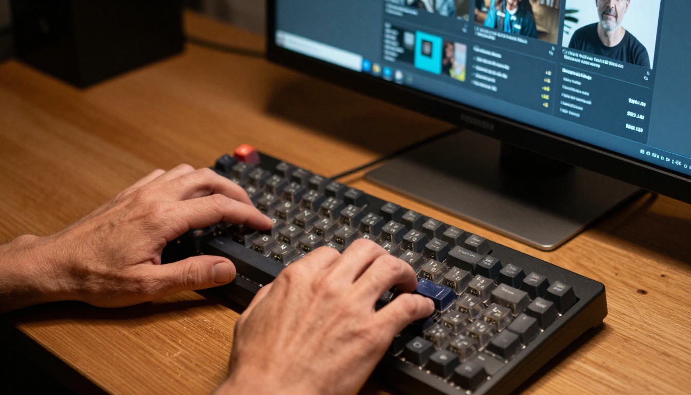 Person's hands typing on mechanical keyboard, AI model selection interface on widescreen monitor behind showing model cards with ratings and technical specs, warm directional desk lamp from upper right, extraordinary detail on keycap wear and skin texture