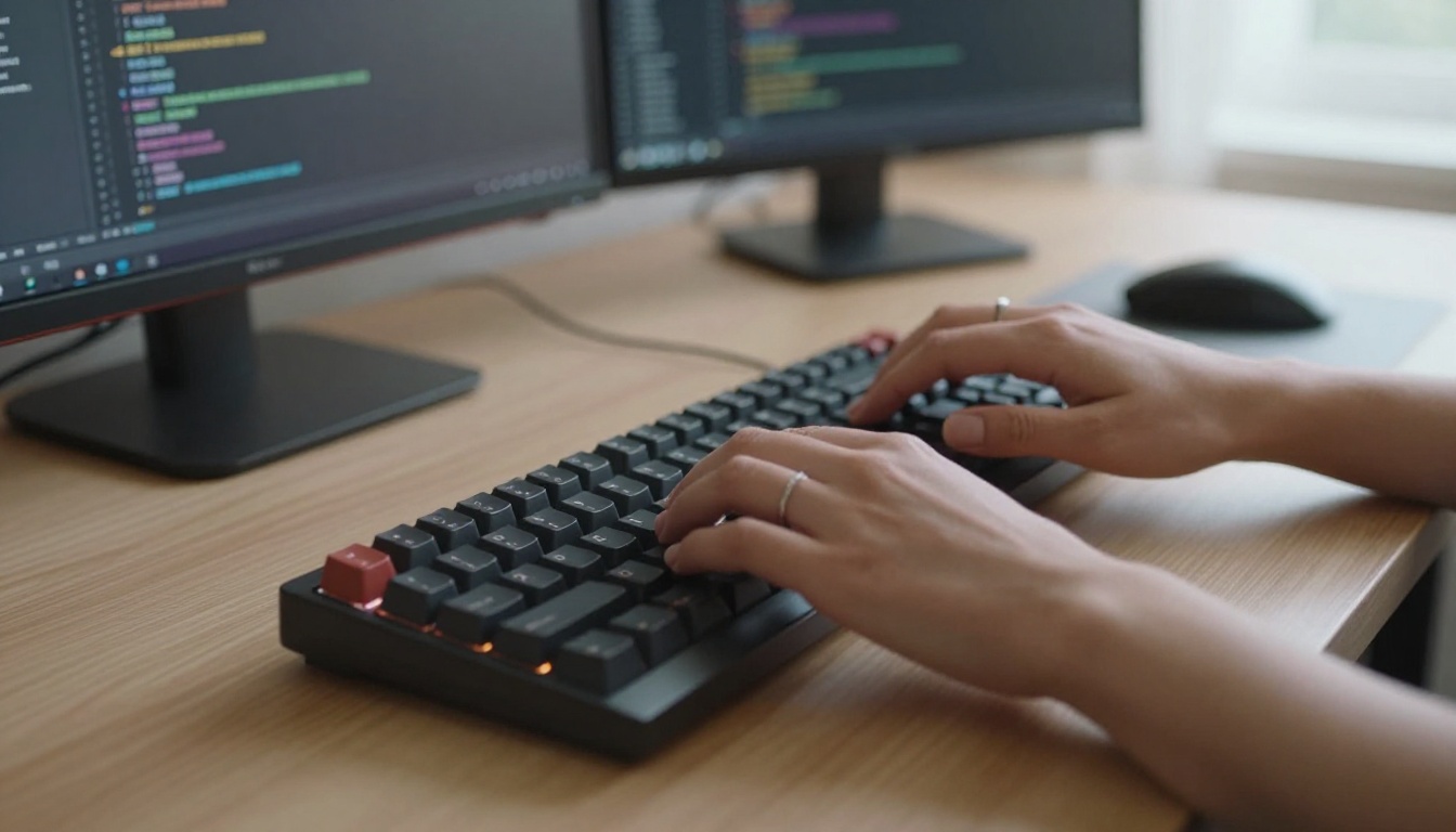 Developer hands mid-keystroke on mechanical keyboard, natural light, shallow depth of field, photorealistic