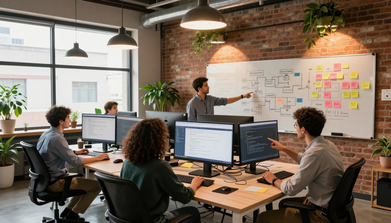 Three developers collaborating at a standing desk in a modern office with whiteboard and sticky notes, photorealistic