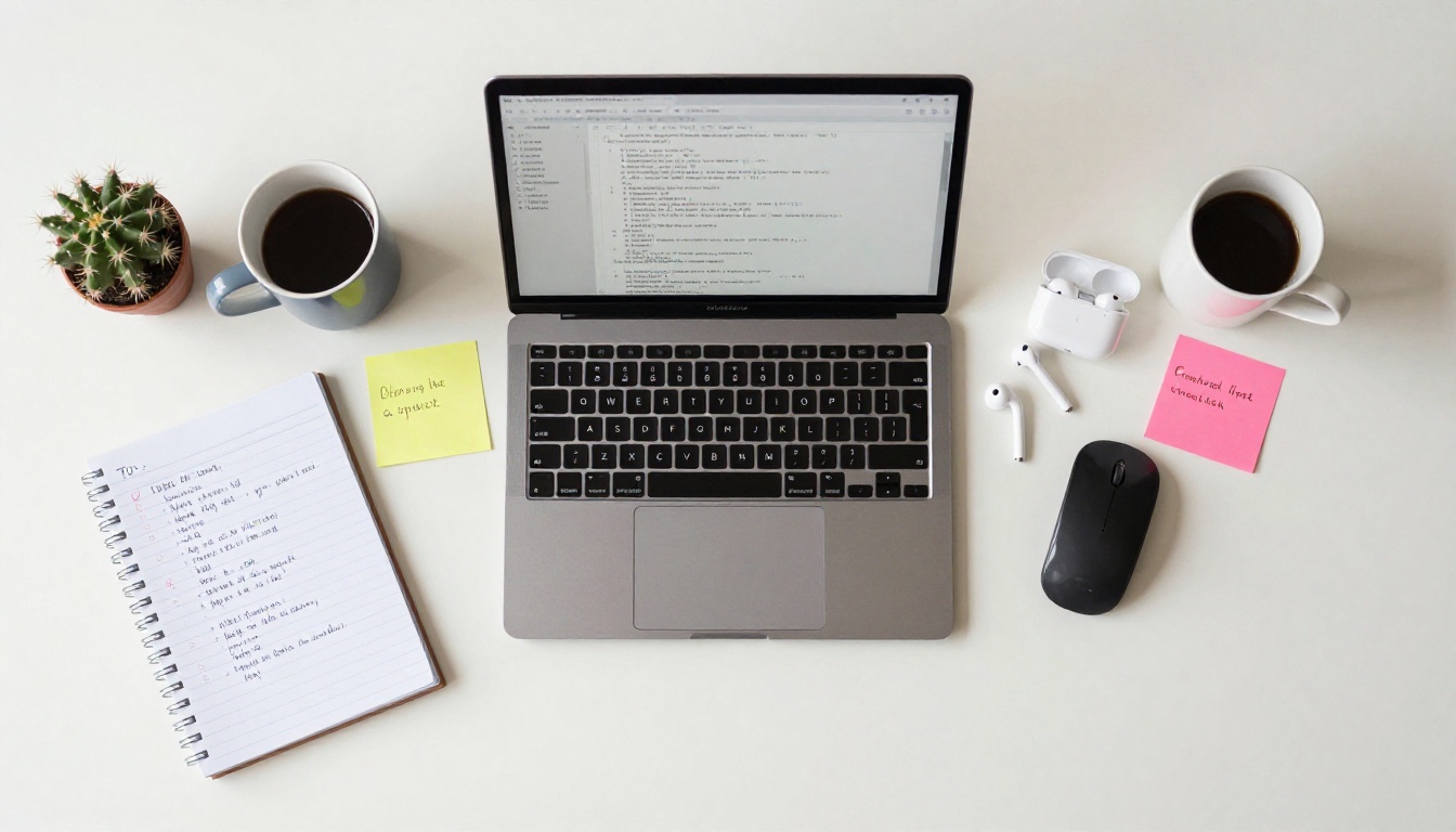 Developer's desk flat lay shot from directly above, MacBook with code on screen, spiral notebook, coffee mugs, sticky notes, cactus, natural overhead light