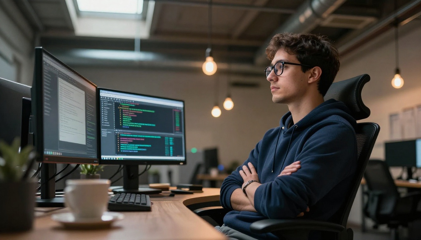 Male developer in glasses and navy hoodie, low-angle shot looking up, dual monitors visible with analytics dashboards, industrial office ceiling with Edison bulbs