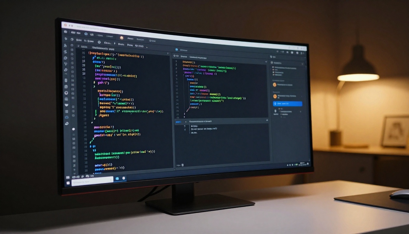 Large curved ultrawide monitor displaying split-screen code editor and AI assistant interface, dark moody room with amber desk lamp
