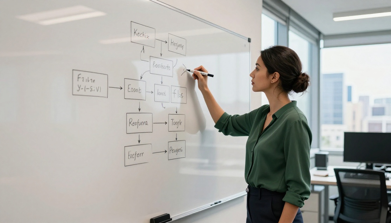 Female developer standing at whiteboard drawing software architecture diagram with marker, sunlit city skyline through floor-to-ceiling windows