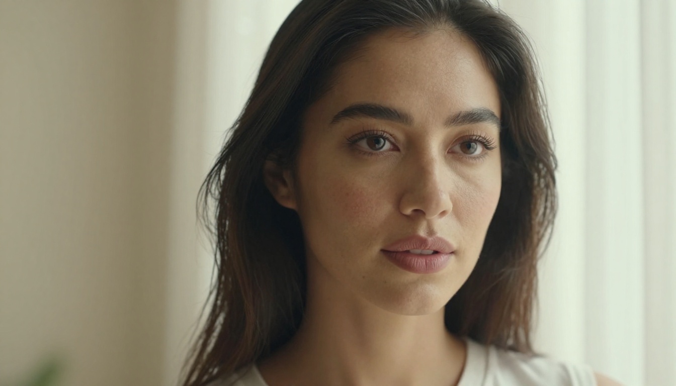 Close-up portrait of a woman with natural skin texture and morning window light