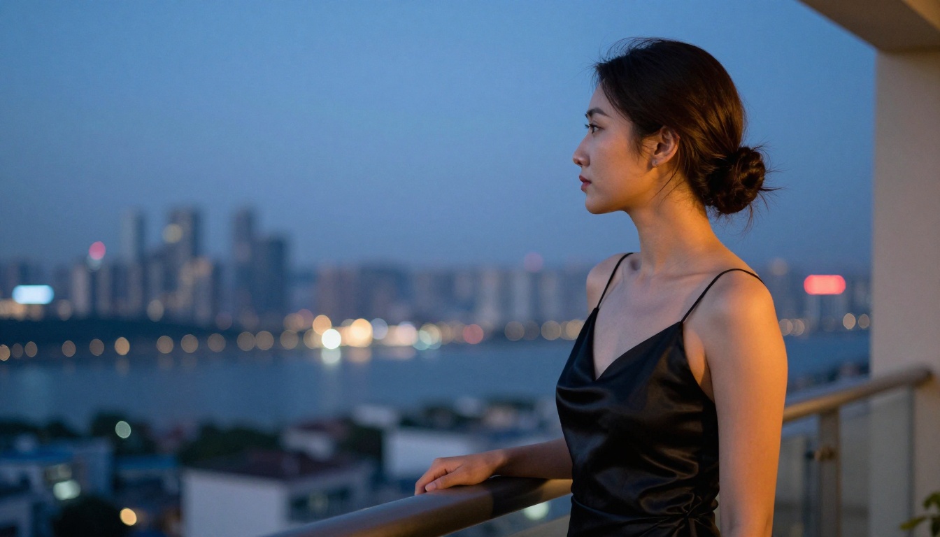 Side profile of a woman in a black satin slip dress on a hotel balcony at blue hour with city lights Side profile of a woman in a black satin slip dress on a hotel balcony at blue hour with city lights