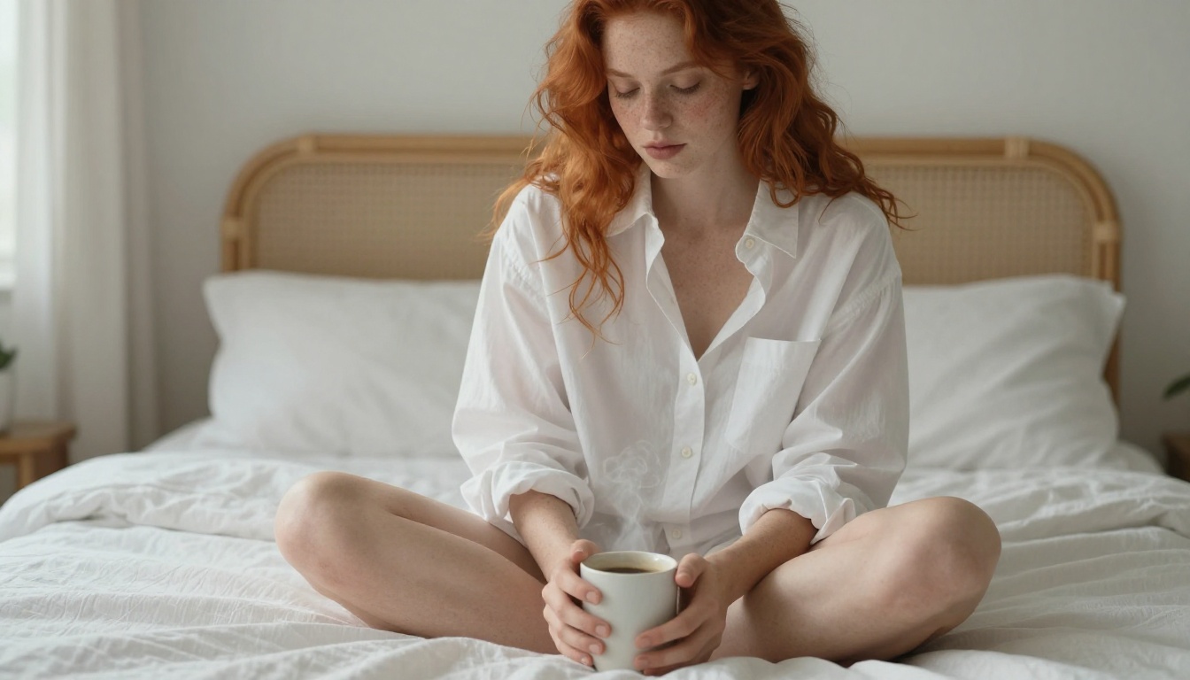 Redhead woman in white shirt on coastal bedroom morning light