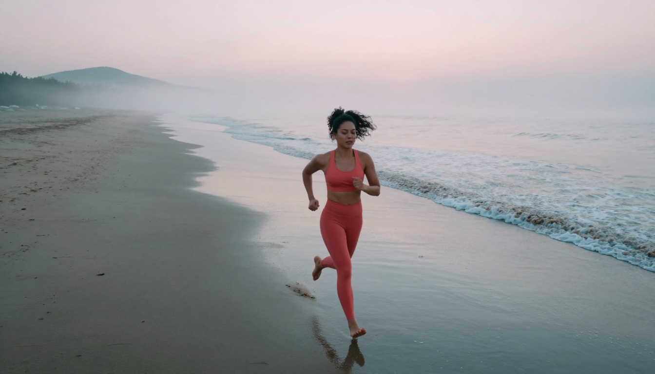 Athletic woman jogging on misty morning beach