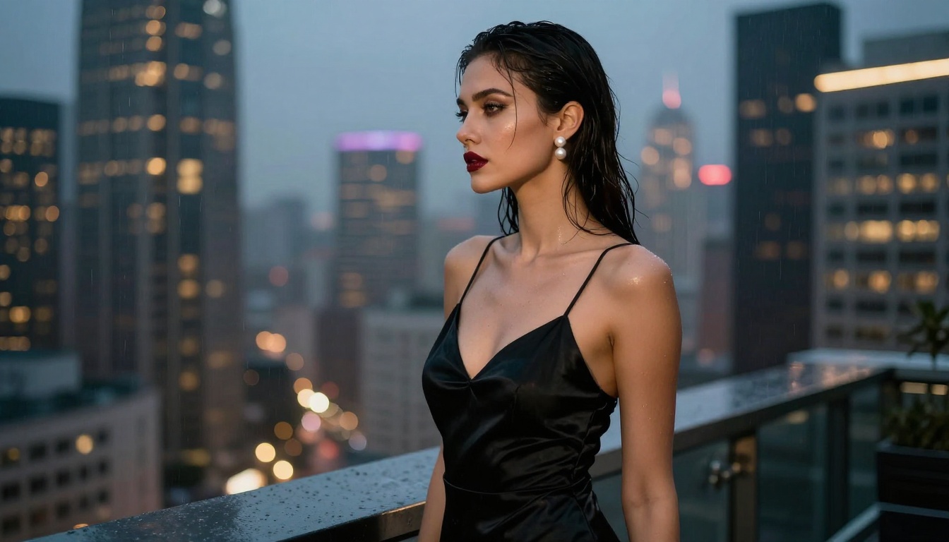 Side profile glamour portrait on a rainy city rooftop terrace at dusk