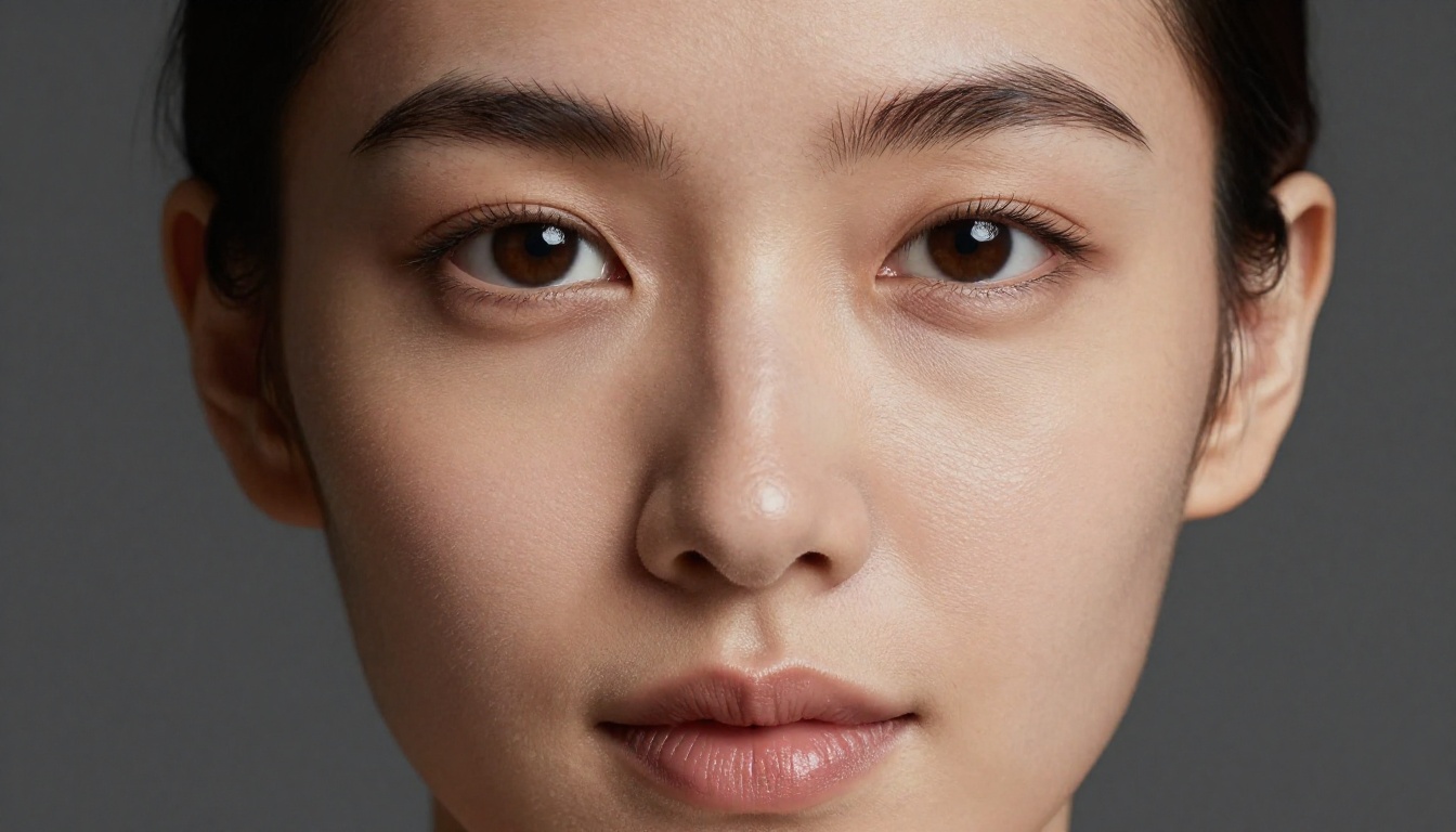 Close-up beauty editorial portrait of a woman with natural skin texture under Rembrandt studio lighting Close-up beauty editorial portrait of a woman with natural skin texture under Rembrandt studio lighting
