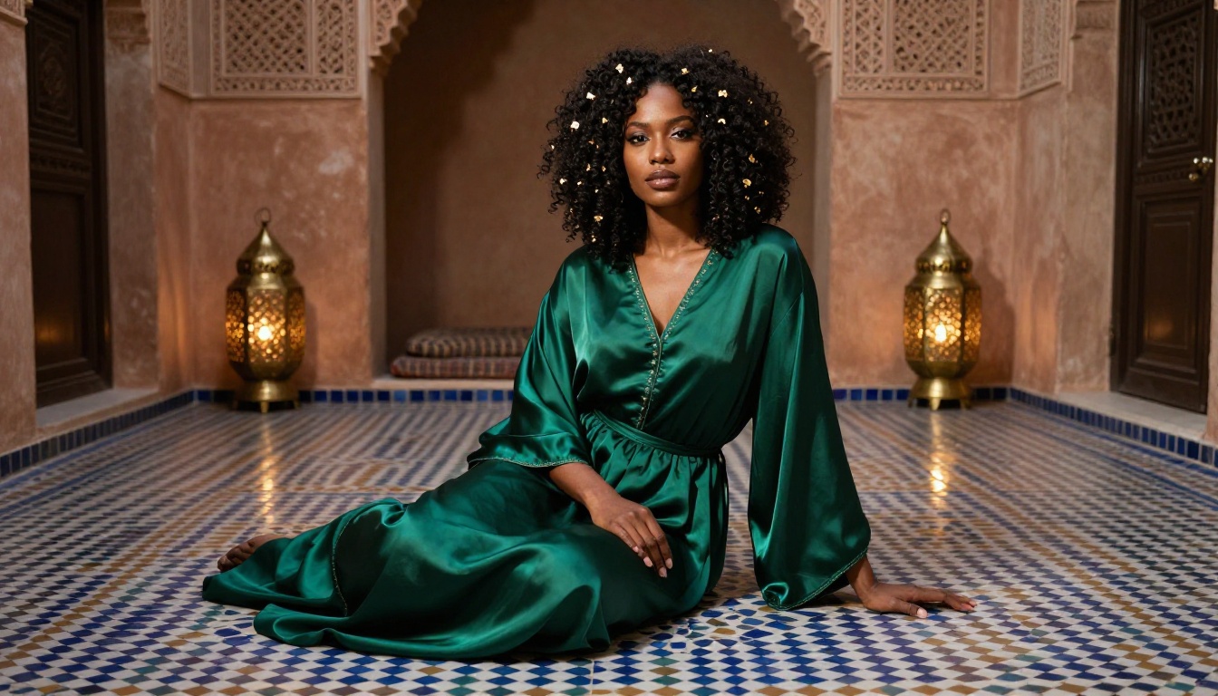Glamour portrait of woman in Moroccan riad courtyard