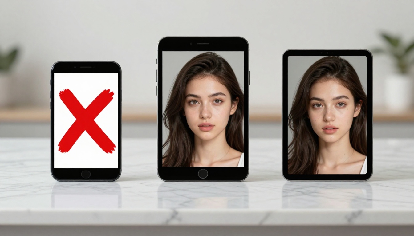 Two smartphones on marble showing AI image generation comparison, one with censored output and one with successful result