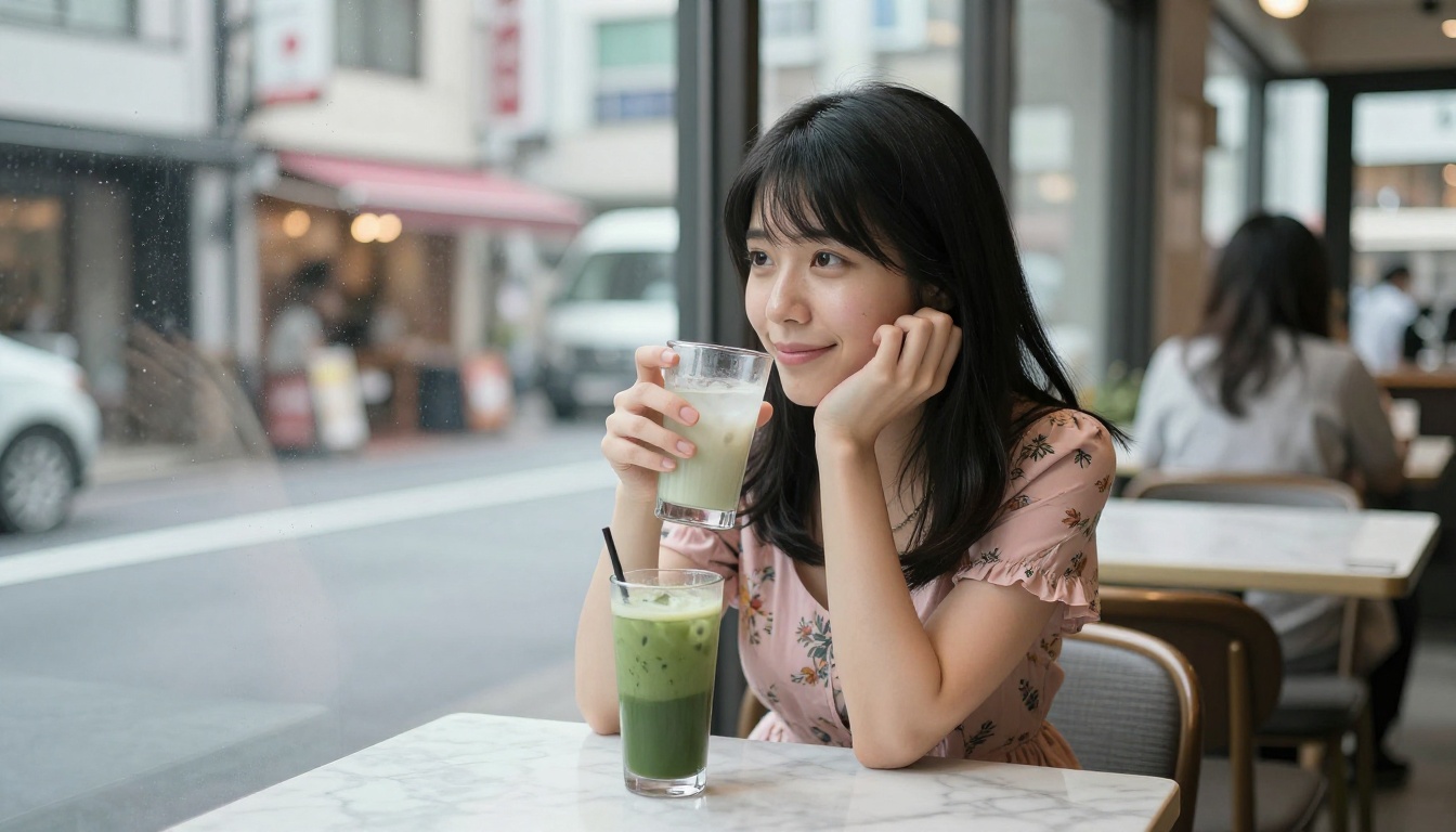 Petite Asian woman at marble cafe table in Tokyo