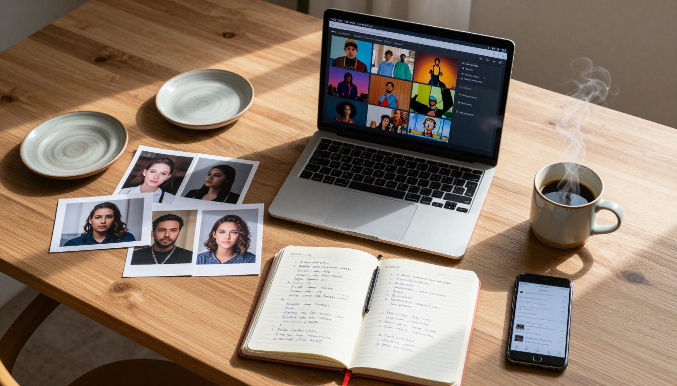 Aerial flat lay of creative workspace with scattered portrait prints, notebook, and coffee on wooden desk