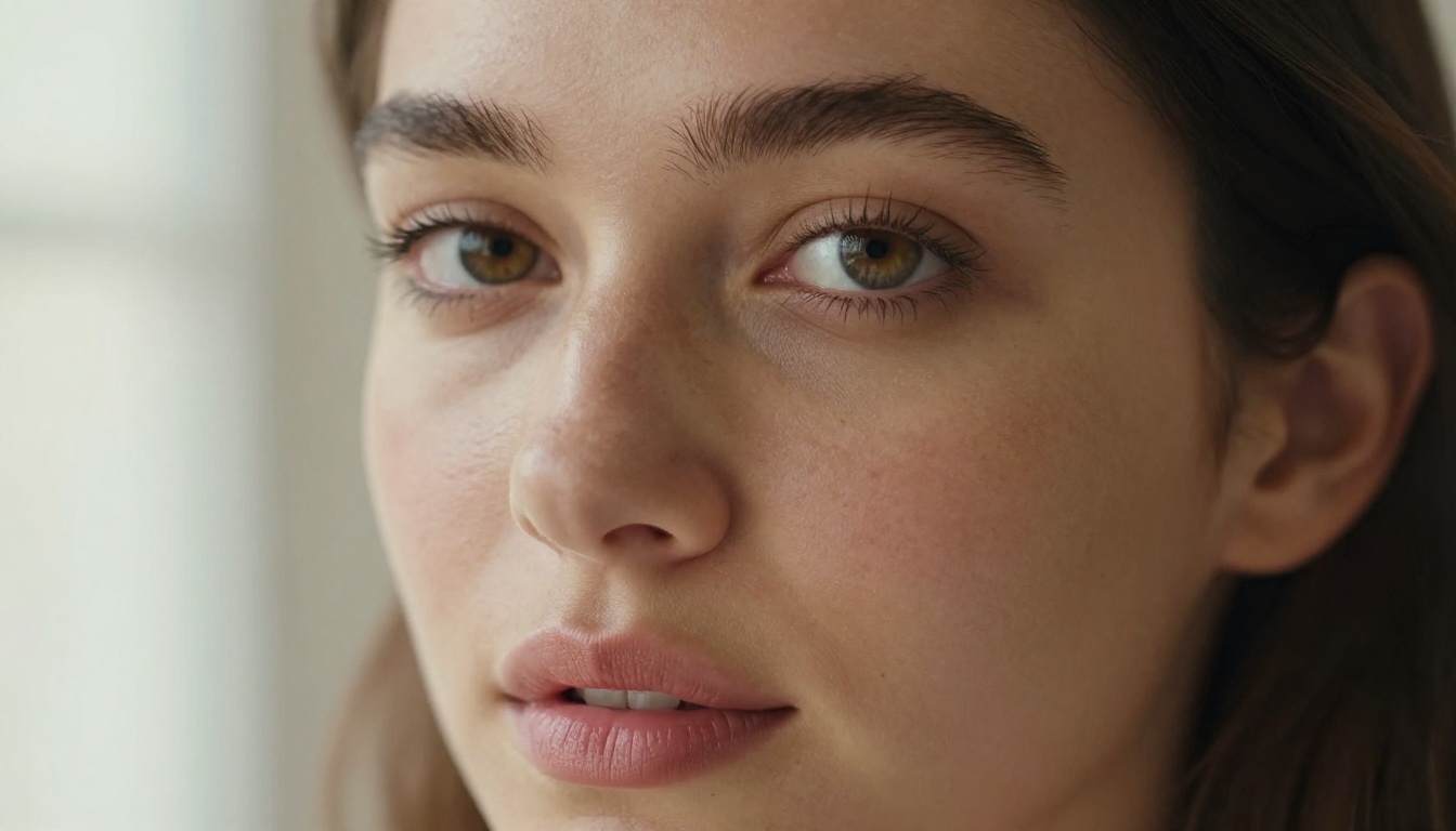 Extreme close-up beauty portrait with natural skin texture and hazel eyes